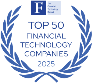 Laurel wreath logo with Top 50 Financial Technology Companies 2025 and The Financial Technology Report in a blue box at the top.