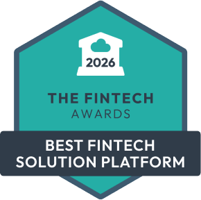 A teal hexagonal badge reads 2026 THE FINTECH AWARDS with a white icon above, and a dark bar below says BEST FINTECH SOLUTION PLATFORM..