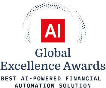 AI Global Excellence Awards logo with text: Best AI-Powered Financial Automation Solution below a red square containing the letters AI and a dotted arc above the main text.