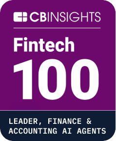 CB Insights Fintech 100 badge. Text: LEADER, FINANCE & ACCOUNTING AI AGENTS on a purple background.
