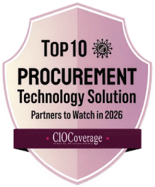 A pink shield badge reads: Top 10 Procurement Technology Solution Partners to Watch in 2026. Below is a maroon ribbon with the text CIOCoverage..