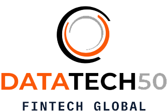 Logo with black and orange circular graphic above the words DATATECH50 in bold, with DATA in orange, TECH in black, 50 in gray, and FINTECH GLOBAL below in blue text.