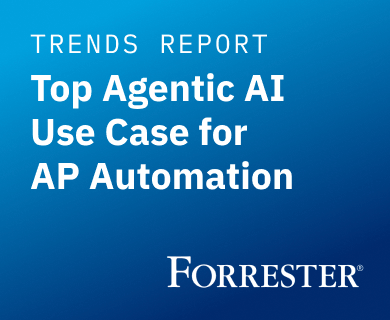 Blue graphic with white text: TRENDS REPORT. Top Agentic AI Use Case for AP Automation. Forrester in the bottom right corner.