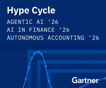 Blue graphic with Hype Cycle and Gartner logo. Text lists: Agentic AI 26, AI in Finance 26, Autonomous Accounting 26. A stylized data curve appears in the lower left.