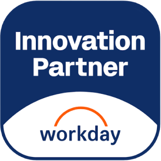 A blue badge with white text reads Innovation Partner above the workday logo, which features an orange arc over the word workday..
