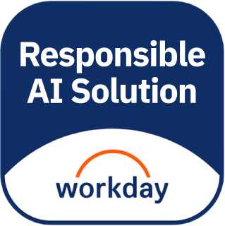 Square blue badge with white text reading Responsible AI Solution. Below, an orange arc and the word workday appear on a white curved shape.