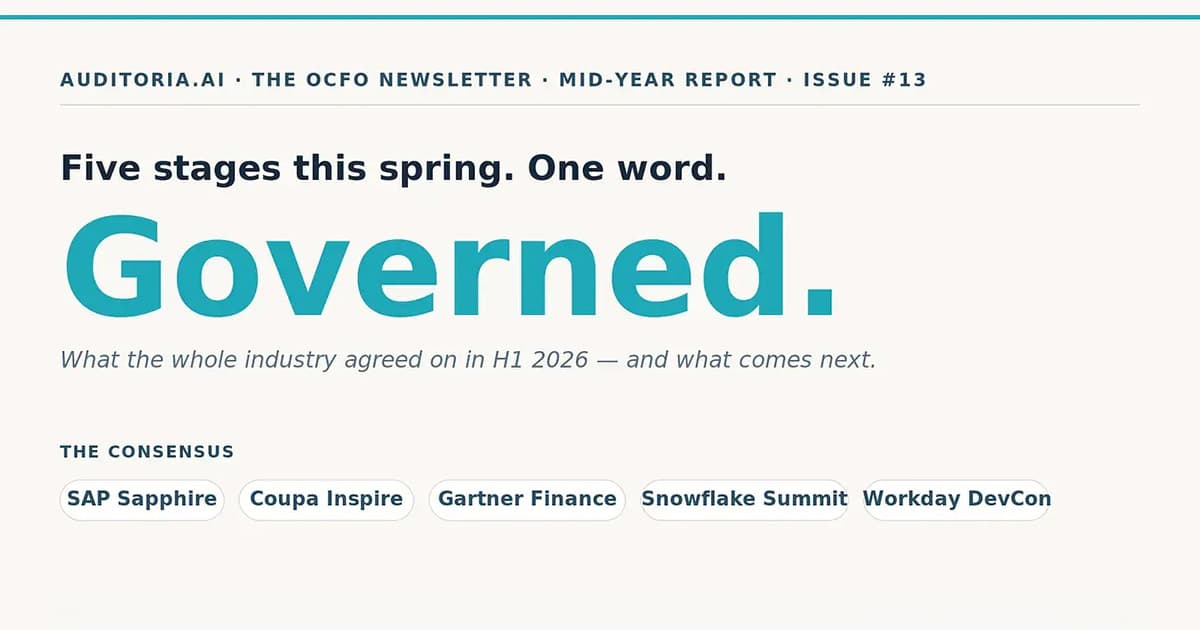 Text-based graphic highlighting the word “Governed.” and listing industry events: SAP Sapphire, Coupa Inspire, Gartner Finance, Snowflake Summit, and Workday DevCon, as part of a report summary.