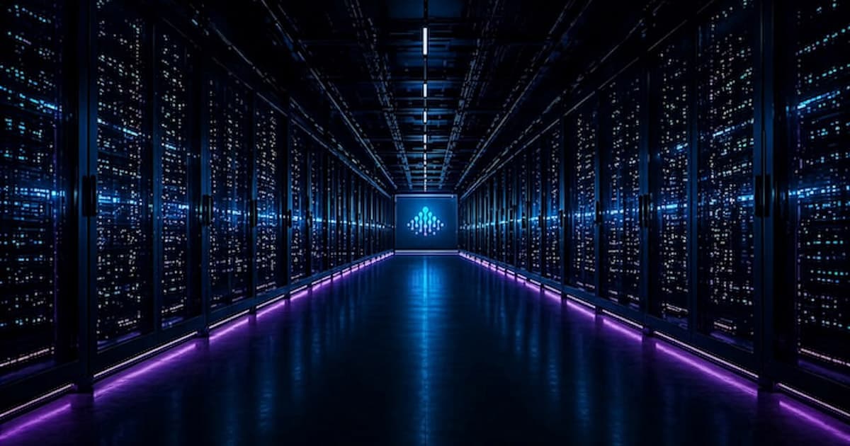 A futuristic data center corridor with rows of illuminated server racks on both sides, glowing blue and purple lights, and a digital display at the end of the hallway.