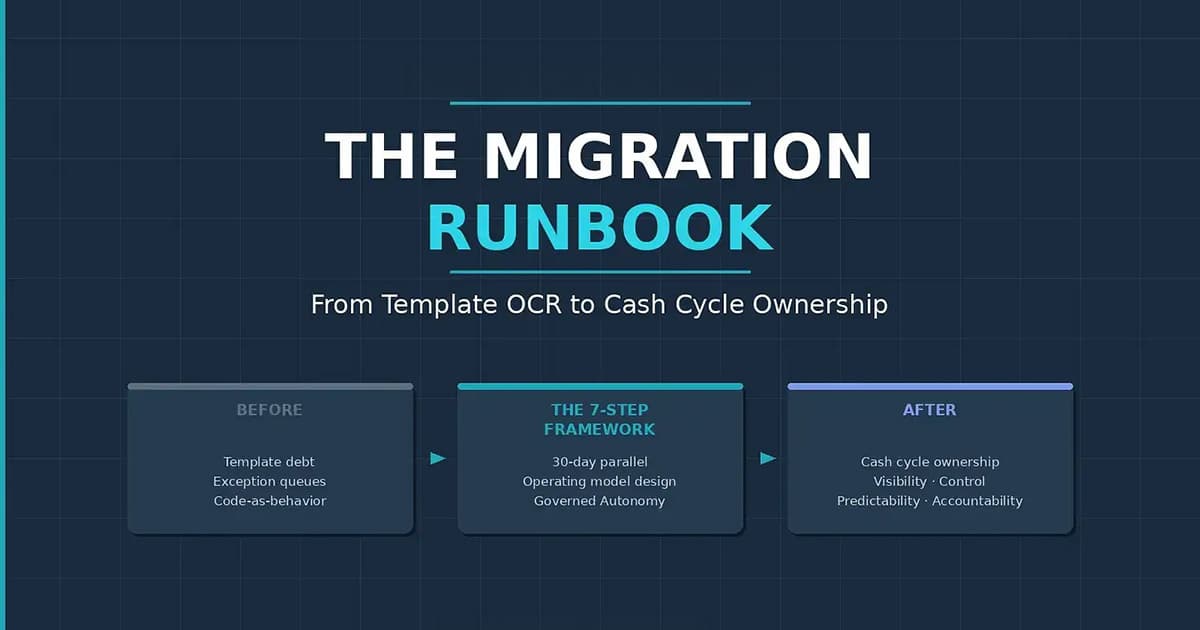 A diagram titled The Migration Runbook shows steps from template OCR to cash cycle ownership, with sections for Before, The 7-Step Framework, and After, listing key changes and improvements.