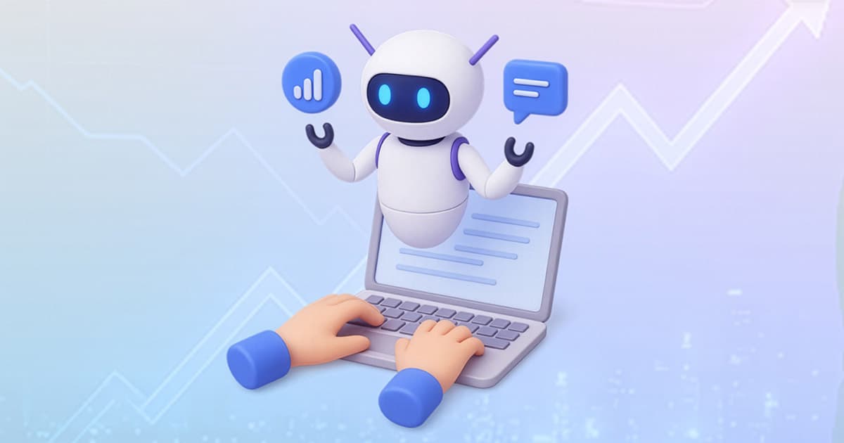 A 3D illustration of a robot with chat and graph icons floating above a laptop, with human hands typing on the keyboard. A faint upward graph is visible in the pastel background.