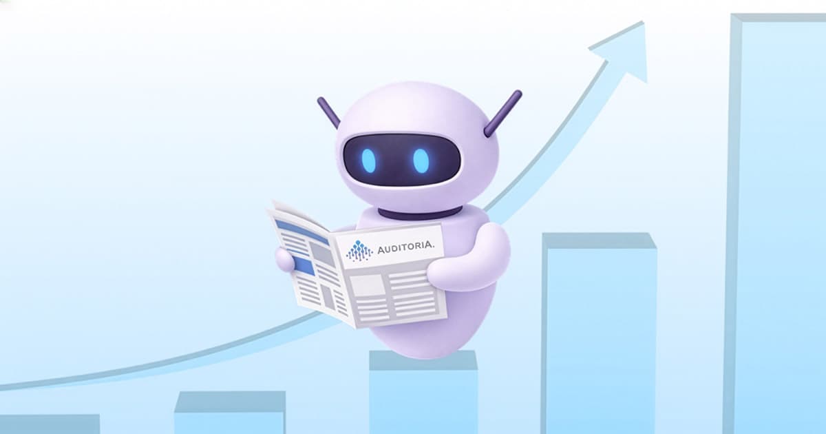 A friendly robot with antennae reads a newspaper labeled Auditoria while floating in front of ascending bar charts and an upward arrow, representing growth and data analysis.