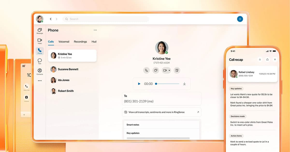 A computer and smartphone display a user interface for a phone and voicemail app, showing a call with Kristine Yee and a summarized voicemail transcript. Other contacts are listed on the left.