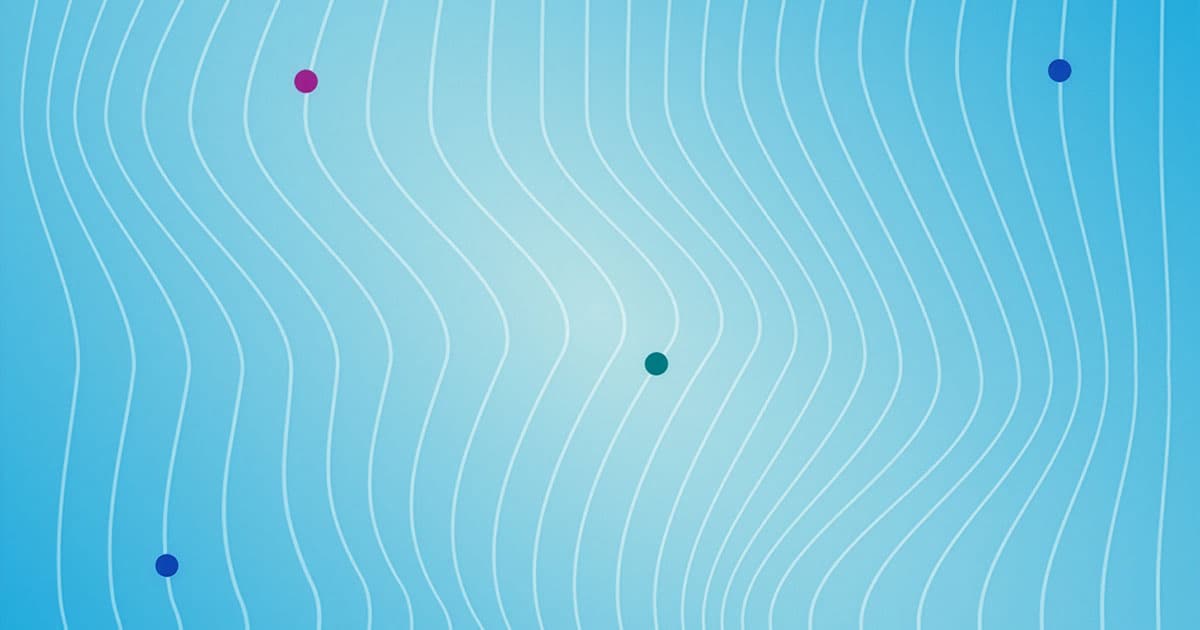 Light blue background with curved white lines and four colored dots (purple, blue, green, and dark blue) spaced across the image.