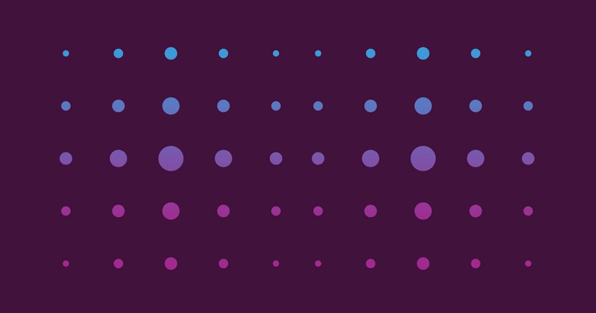 Rows of dots in gradient shades of blue to purple on a dark background, with dot sizes increasing toward the center and decreasing at the edges.