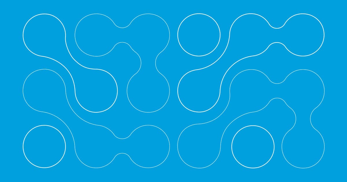 White abstract, interconnected lines forming organic shapes and circles are set against a solid blue background, creating a symmetrical, geometric pattern.