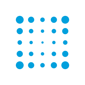 A grid of blue dots arranged in five rows and five columns, with the dots decreasing in size toward the center and increasing again toward the edges, on a white background.