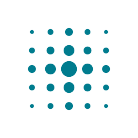 A grid of teal dots arranged in rows and columns, with the dots increasing in size toward the center and decreasing toward the edges, forming a symmetric pattern on a white background.