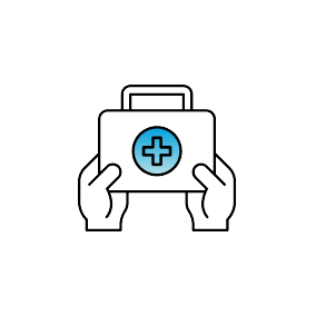 Two hands holding a white first aid kit with a blue circle and a medical cross symbol on it, set against a plain white background.