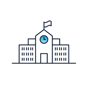 Simple illustration of a school building with a clock above the entrance and a flag on top. The building has multiple windows and is drawn with clean, minimalistic lines.