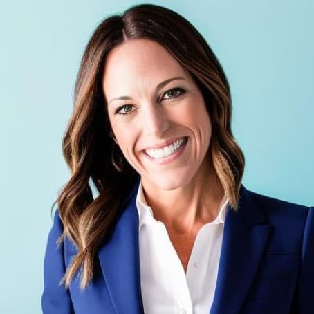 A woman with long brown hair, wearing a blue blazer and white shirt, smiles in front of a light blue background.
