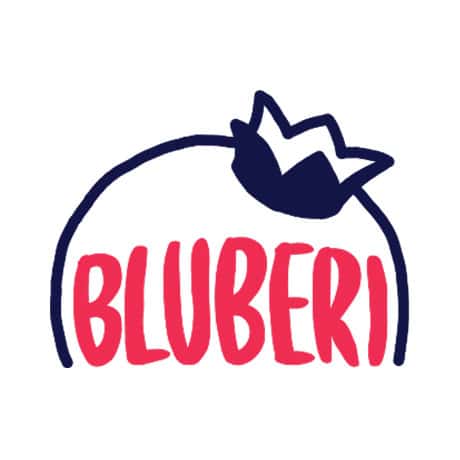 A simple blueberry outline with a crown-like top. The word BLUBERI is written in bold, red letters inside the berry shape.