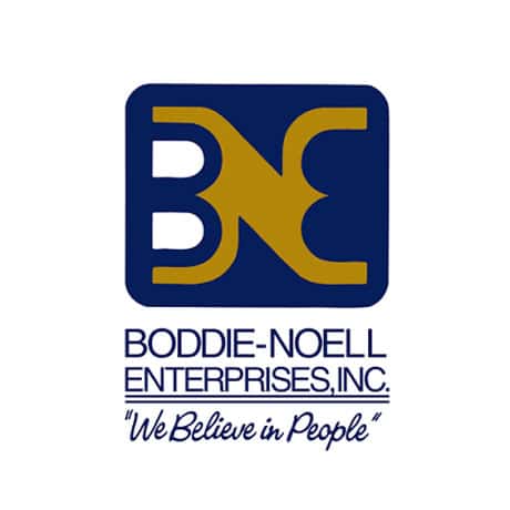 Boddie-Noell Enterprises, Inc. logo with stylized BNE letters and the tagline We Believe in People below the company name, all in blue and gold on a white background.