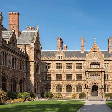 A historic stone university building with tall chimneys, arched windows, and an open grassy courtyard under a clear blue sky.