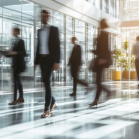 People in business attire walk quickly through a modern, glass-walled building; their movement is blurred, conveying a sense of motion and urgency. City buildings are visible through the windows in the background.