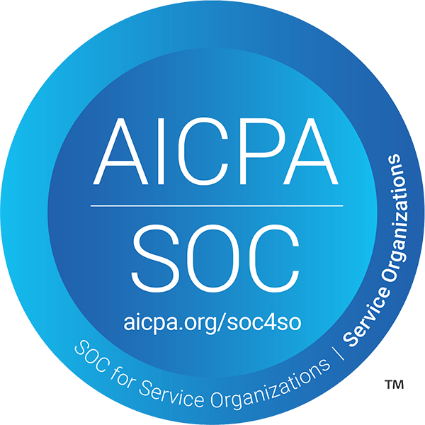 A blue circular badge with AICPA SOC in white, the link aicpa.org/soc4so, and SOC for Service Organizations | Service Organizations around the edge.