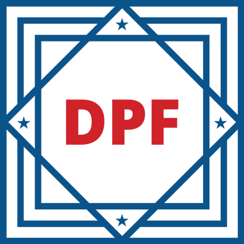 Blue geometric border with small stars surrounds bold red letters “DPF” centered on a white background.