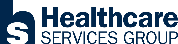 Healthcare Services Group logo with a bold h and s graphic on the left, followed by the company name in blue text on a light background.