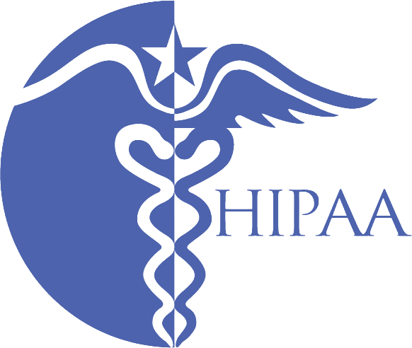Blue HIPAA logo featuring a caduceus with a star above it, divided into two shades, with the text “HIPAA” on the right side.