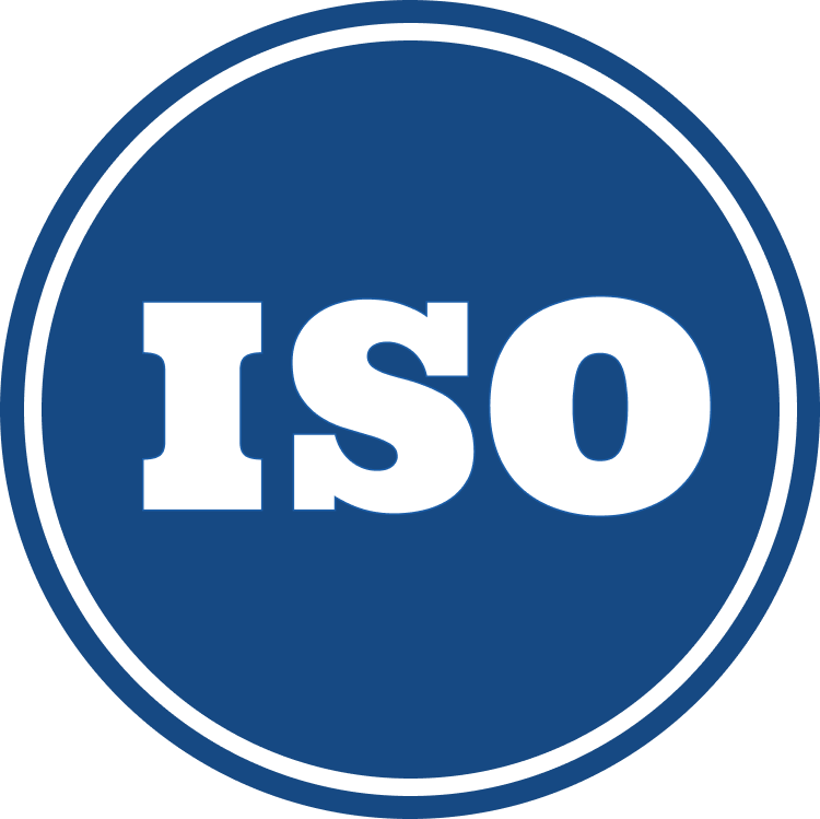Blue circle with two white outlines contains the bold, white letters “ISO” in the center.