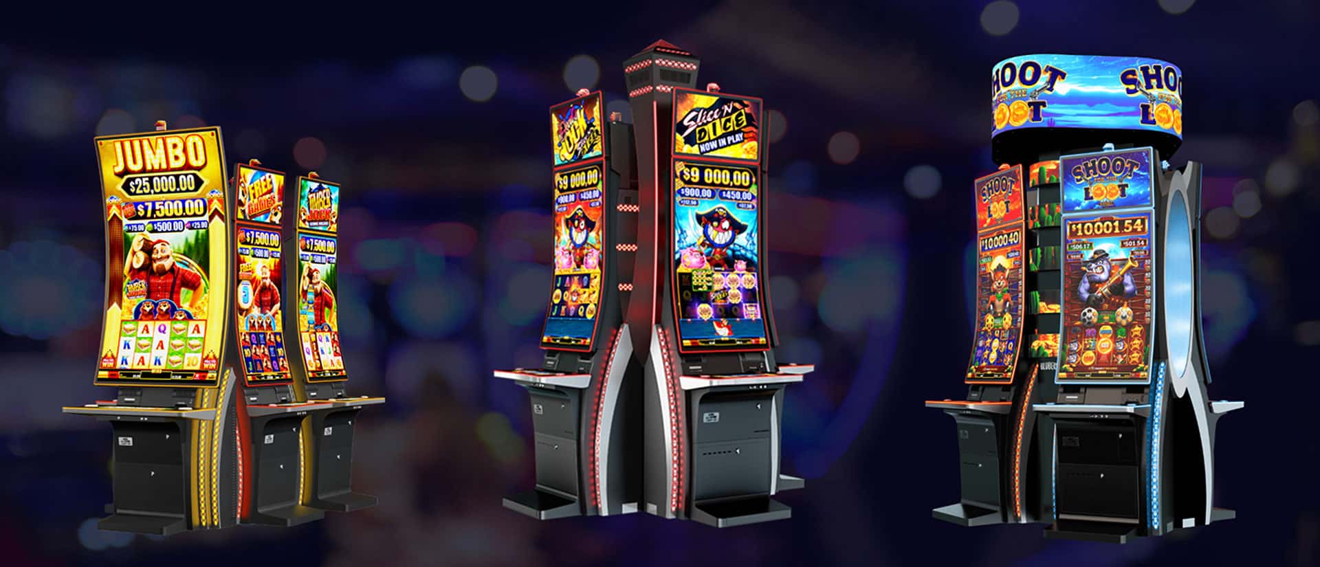 Three colorful slot machines with animated game themes stand against a blurred casino background, displaying bright screens, game titles, and jackpot amounts.