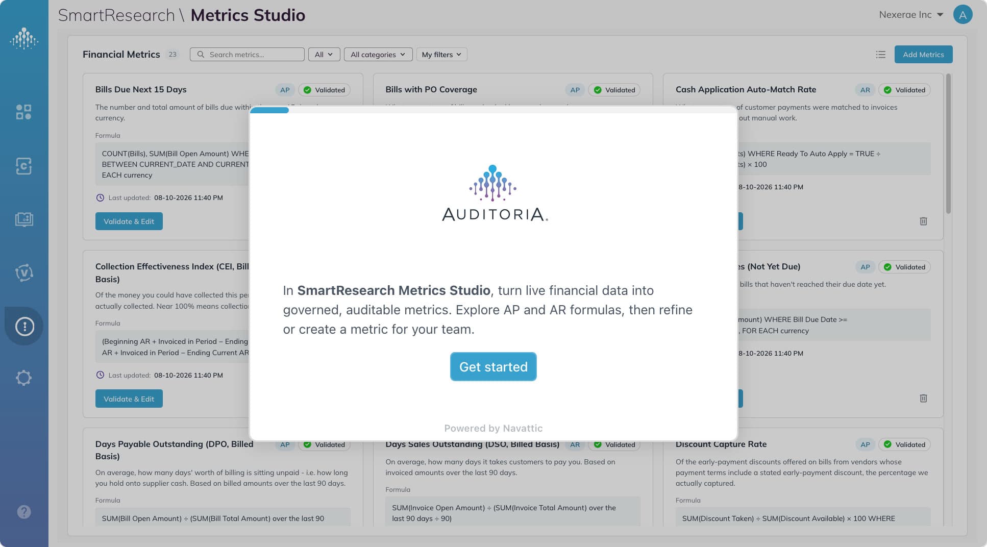 A pop-up window for Auditoria appears over a dashboard, prompting users to get started with SmartResearch Metrics Studio for financial data and automated metrics. The background shows blurred dashboard content.